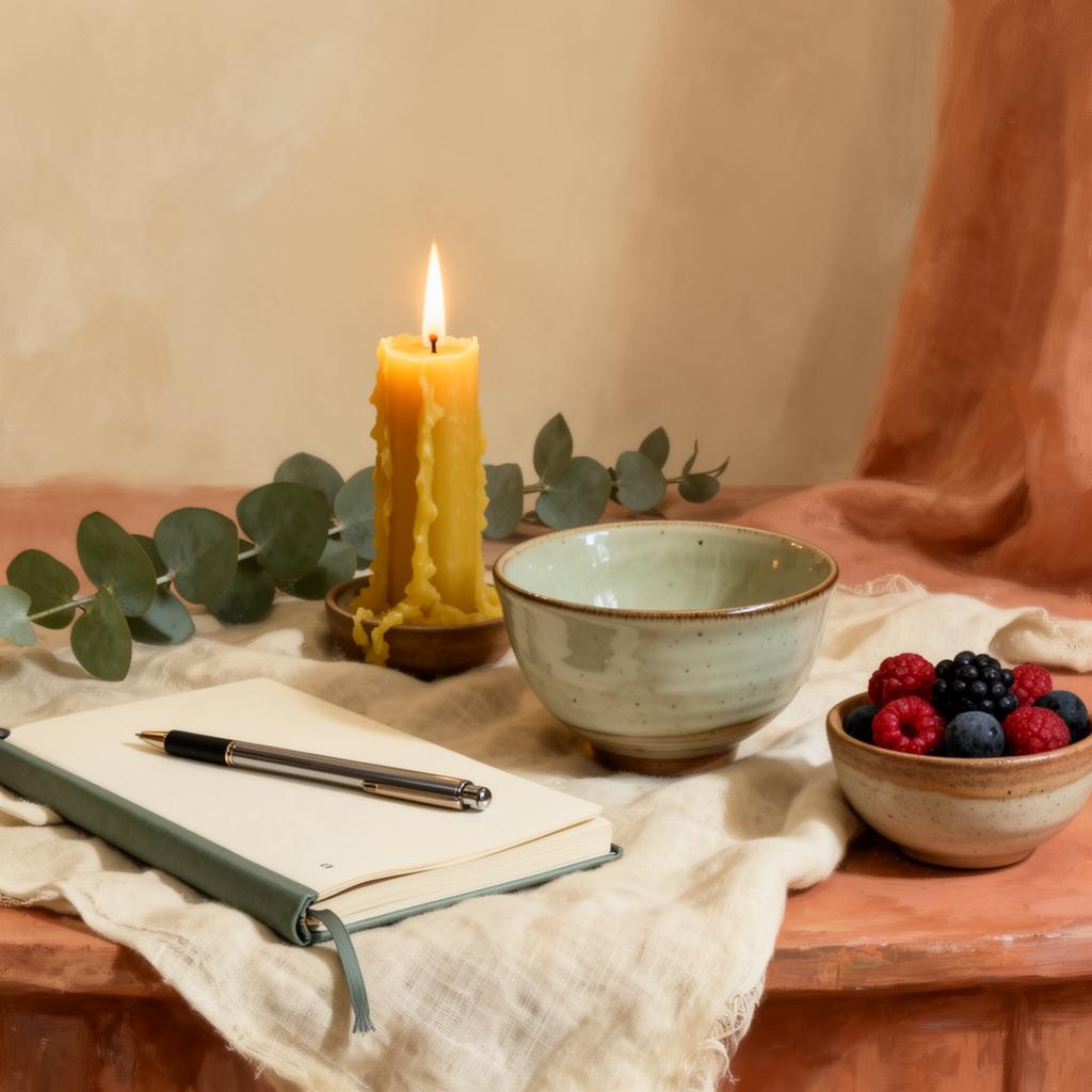 Candle, journal, eucalyptus and tea bowl on a quiet altar
