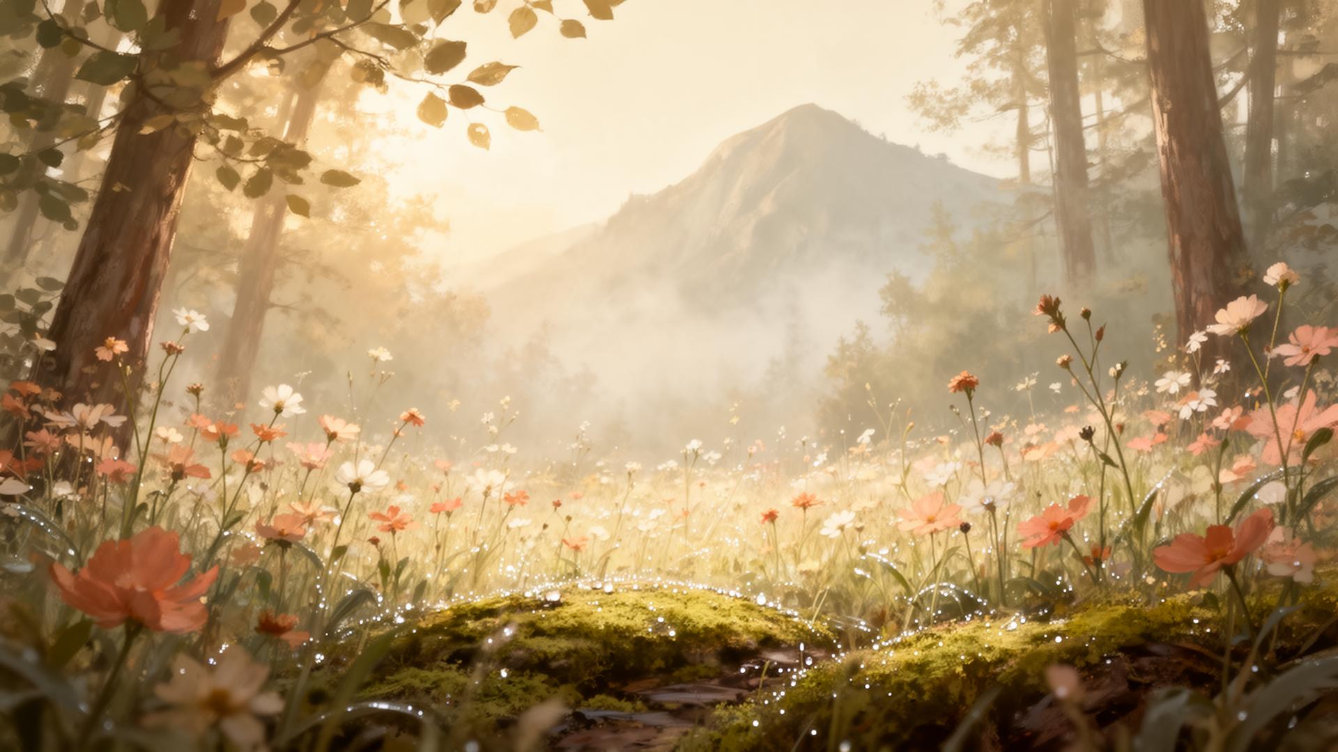 Misty morning meadow with wildflowers