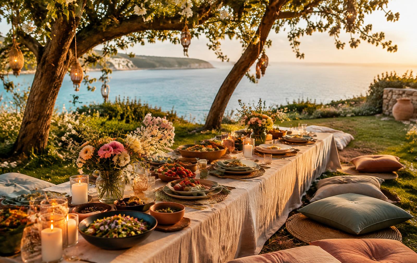 A candlelit table set with flowers and nourishing food beside a calm sea at golden hour